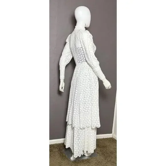 Rare 1970's White Cotton Eyelet Prairie Wedding Gown White Edwardian Style - Picture 6 of 10